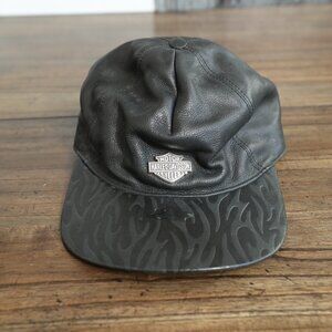 *SOLD* Harley Davidson Vintage Leather Elastic Strap Flame Brim Hat (OS)